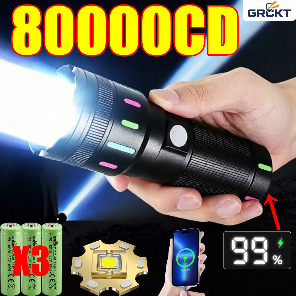 Outdoor Lighting Black - 80000CD 最も強力なLED懐中電灯 ハイパワー戦術ハンティング懐中電灯 充電式トーチ アウトドア防水ランタンライトレーザーポインター 超強力