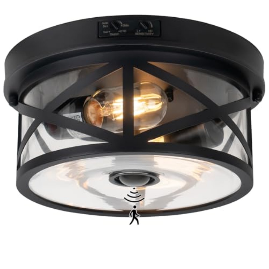 Outdoor Lighting Black - モーションセンサー屋外天井照明、調節可能な黒色フラッシュマウント照明器具、2灯式ポーチライト屋外用、透明ガラスインダクションライト