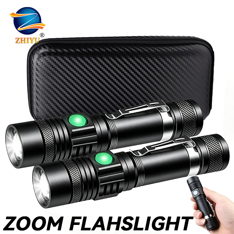 Outdoor Lighting Black - T6 LED 充電式懐中電灯、18650 ズーム可能なトーチ、キャップクランプ、ヘッドランプ、ペンクリップ、屋外キャンプ用ハンドヘルドワークライト