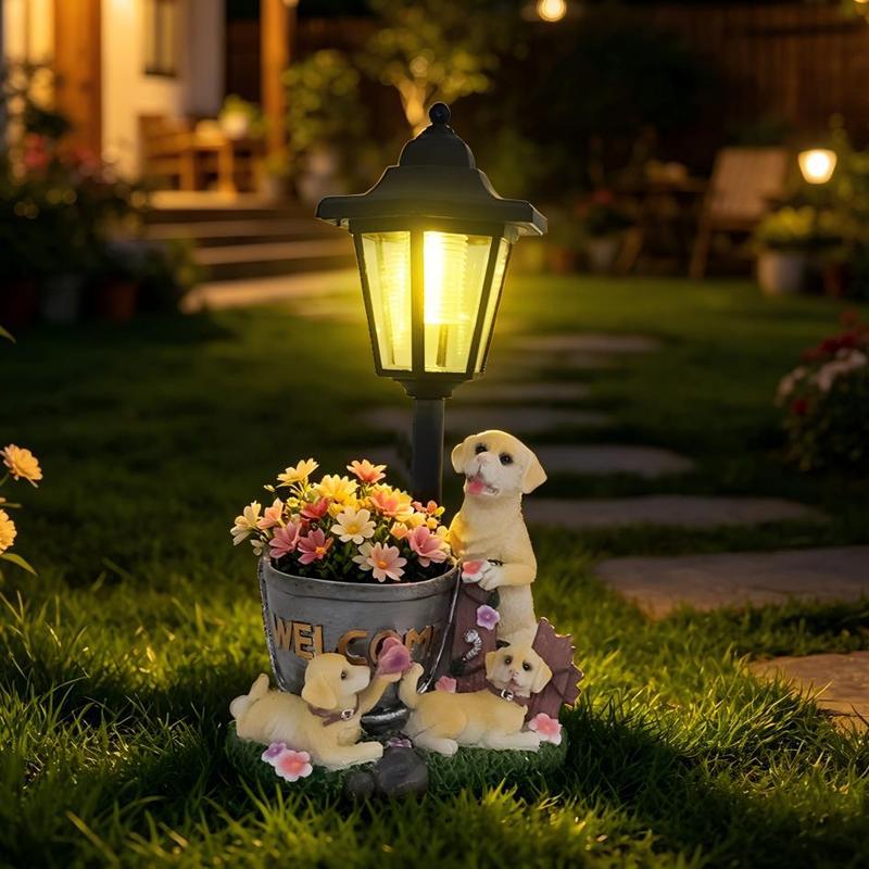 ソーラーライト付きのゴールデンレトリバーの植木鉢型置物。樹脂 - Outdoor Lighting And Landscape のレビューと価格