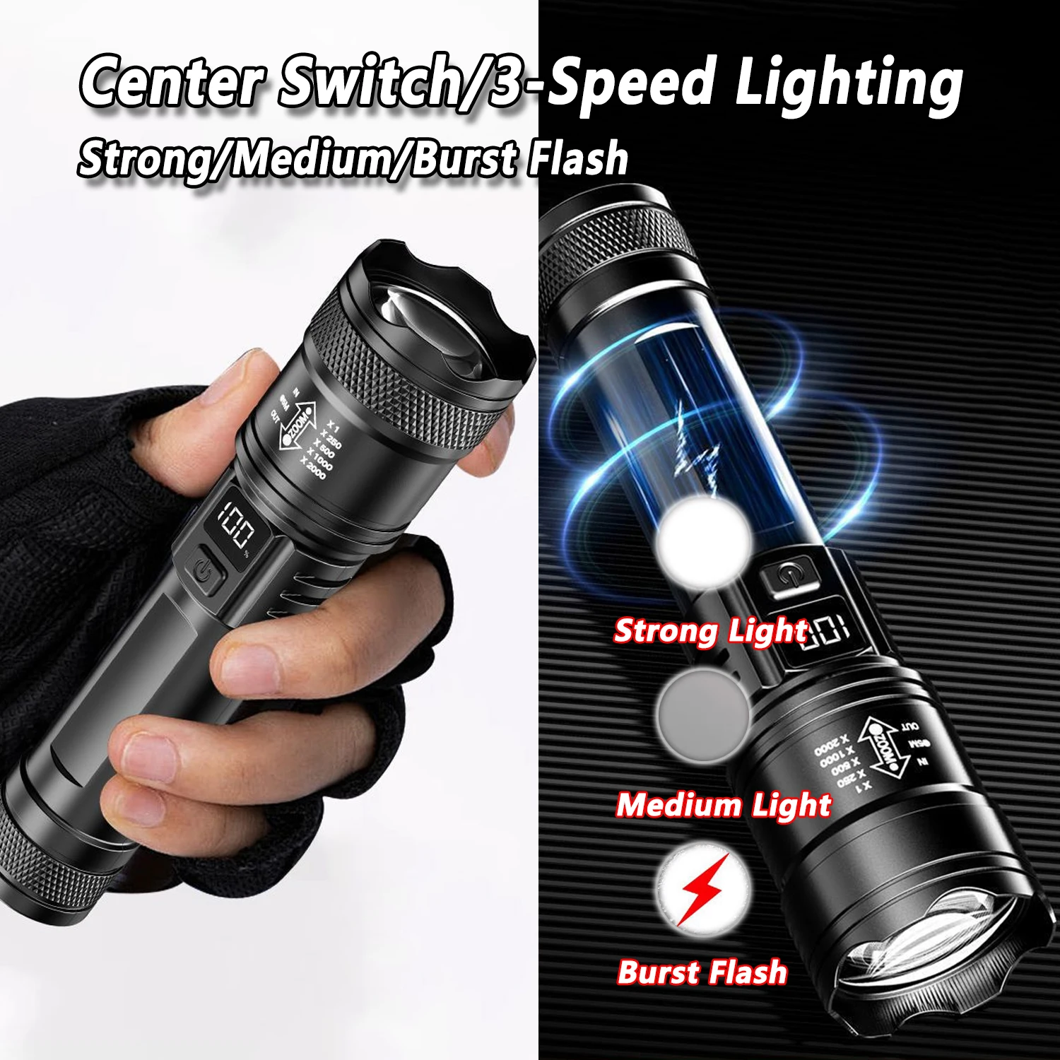 超高輝度 LED 懐中電灯 2000LM Type-C 充電 - Outdoor Lighting Black のレビューと価格
